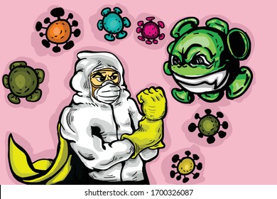 Vector illustration of men in hazmat suit ready to fight to cleaning and disinfect virus, Covid-19, Coronavirus, preventive measure