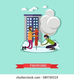 Vector illustration of men launching firework in the street. Cartoon characters. New Years Eve celebration design element in flat style.