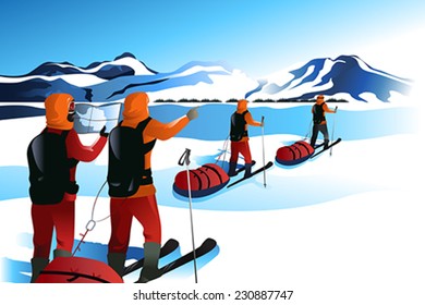 A vector illustration of men on an expedition to a mountain