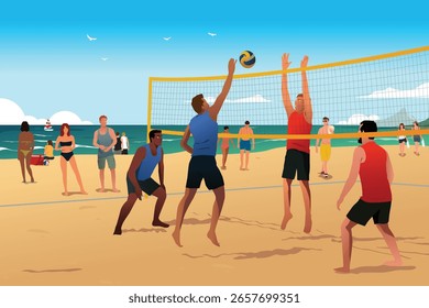 Ilustração vetorial de Men Playing Beach Volleyball in the Summer (Homens jogando vôlei de praia no verão)