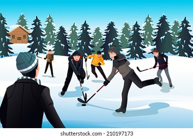 A vector illustration of men playing ice hockey