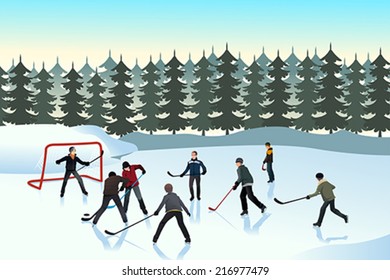A Vector Illustration Of Men Playing Ice Hockey On An Outdoor Ice Rink