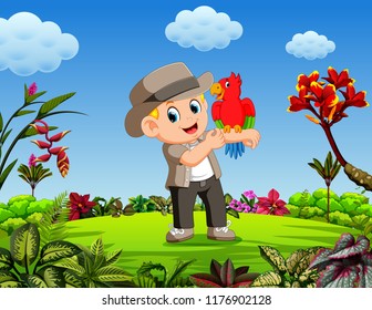 vector illustration of the men are playing with parrot bird in the forest