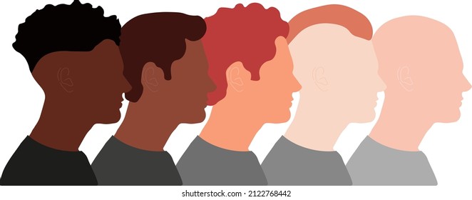 Vector illustration men in profile. Silhouette male head profile, hair style, black red brown male hair, hairless.