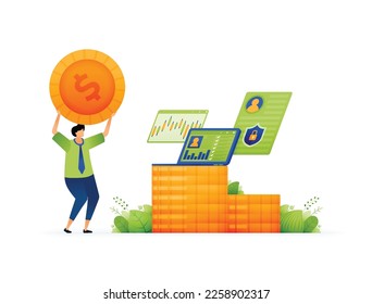 Vector illustration of men reaching financial freedom. Banking, money management and achieving coin. Men coin lifting and building wealth. Can use for ad, poster, campaign, website, apps, social media