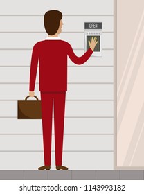 Vector illustration with the men in a red suit opening a door on a fingerprint.