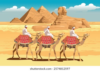 A vector illustration of Men Riding Camels in Front of Egypt Pyramid 