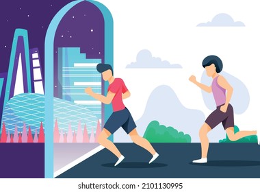 `Ilustración vectorial de los hombres que corren del mundo real al metarverso NFT de fondo simbólico no fungible.