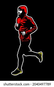 Vector illustration of men running in the red jacket isolated on dark background. Silhouette Sport People.