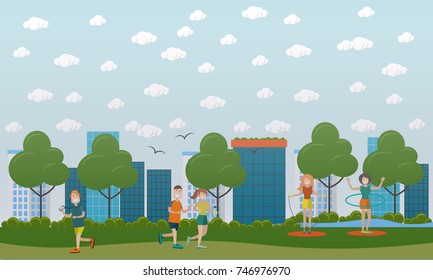 Vector illustration of men running and women jogging, doing hula hoop and jump rope exercises in park. Training outside people flat style design.