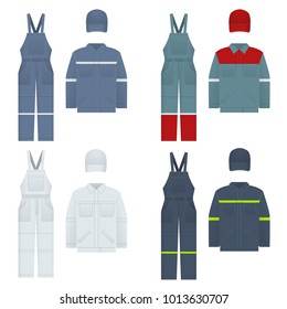 Vector illustration of men s overalls. Clothes in denim style, white, blue. Uniform for a worker, mechanic, driver, loader, mechanic.