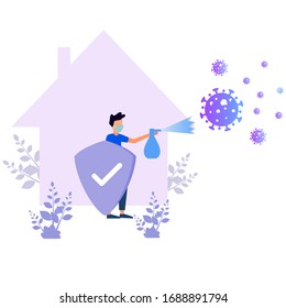 Vector illustration. Men with self-defense from viruses with hand sanitizers and shields.