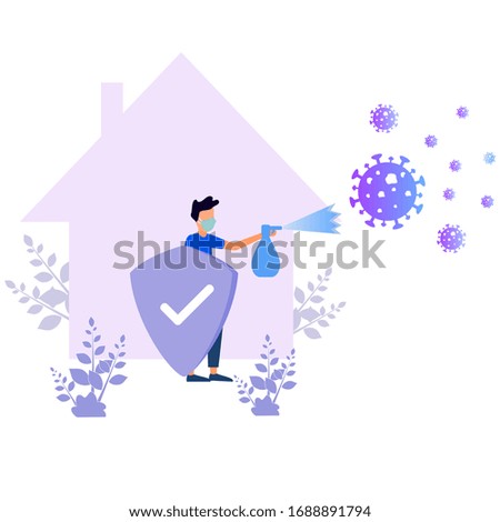 Vector illustration. Men with self-defense from viruses with hand sanitizers and shields.