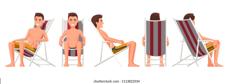 Vector illustration of men in shorts in chaise lounge. Cartoon realistic people. Flat young man. Front view guy, Side view, Back side view, Isometric view. Thin man sunbathing in beach chair