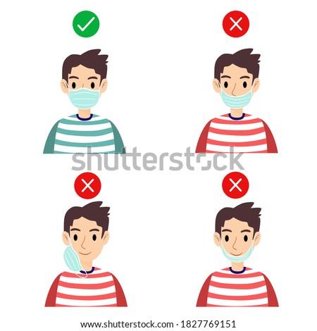 Vector and illustration of men showing how to wearing face mask correctly and incorrectly in flat cartoon design. 