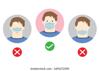 Vector illustration men showing the right way to wear protective masks To use for avoiding viruses and wear when sick.