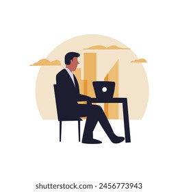 Hombres de Ilustración vectorial sentados en la silla, trabajando en el cuaderno en el estilo plano del escritorio