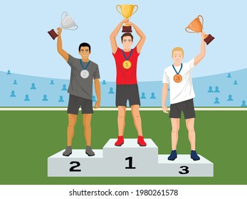 Vector illustration of men stand on the award winners podium and hold the winner's cups. 