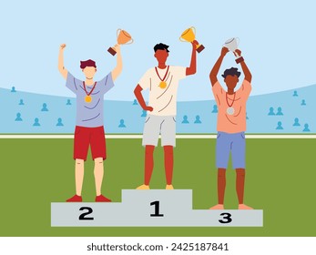 Vector illustration of men stand on the award winners podium and hold the winners cups.