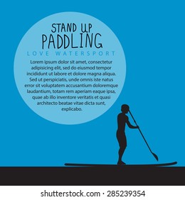 vector illustration a men with stand up paddle board and paddle on the colorful blue background with signature and text as template for your design, article or print