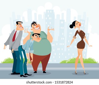 Vector illustration of men staring at beautiful woman