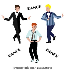 Vector Illustration of men in style of the 1920s in dance pose. Handsome and elegant guys in flat style on a white background. Set for posters, invitations to retro parties, bachelor party