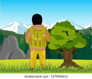 The Vector illustration men tourist with rucksack on background of the beautiful landscape.