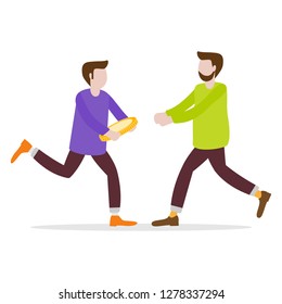Vector illustration with men transfer money using online payments through the app on the device. Personal finance management. Design for banner, poster or print.