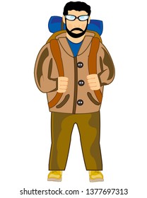 Vector illustration men travellier with rucksack type frontal