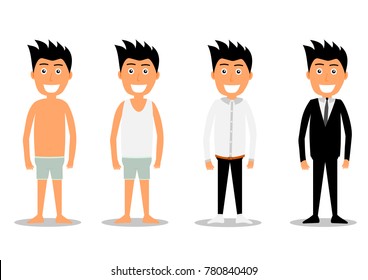 Vector illustration of men in underwear on the white background.Flat young man. Vector illustration of business men in official clothes.  Vector cartoon realistic people illustartion. 