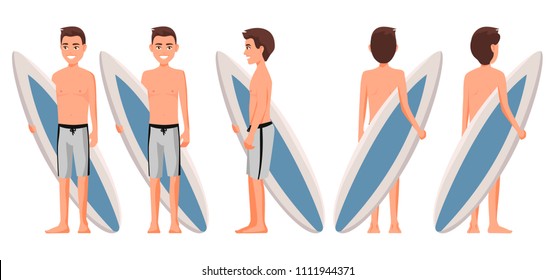 Vector illustration of men in underwear. Realistic people. Flat young man. Front view,Side view,Back side view, Isometric. Men in shorts with surfboard. Guy on beach in swimsuit holding a surf. Surfer