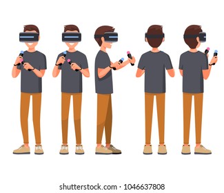 Vector illustration of men in Virtual Reality headset with move controler.VR helmet.Cartoon realistic people set.Flat young man.Front view,Side view, Back side view.Man wearing virtual reality goggles - Powered by Shutterstock - Get 15% off with code: PIKWIZARD15