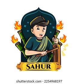 Ilustración vectorial un hombre despierta para comer sahur por la mañana con kentongan