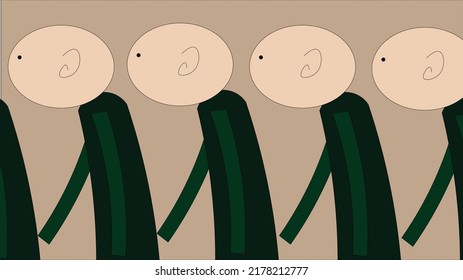 Vector illustration of men walking behind each other. Side view. Recurring character. Man, group, no hair. Monochrome background.