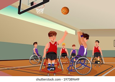 A vector illustration of men in wheelchairs playing basketball in the gym