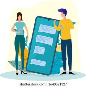 Vector illustration.Two men and a woman communicate with each other on the phone.In the background, a large smartphone.