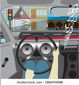 vector illustration men or woman drive on the city with car and happy listen some music, view front of window is market, cafe ,people walking and much more high level building