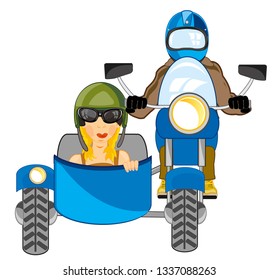 Vector illustration men and woman on motorcycle with sidercar