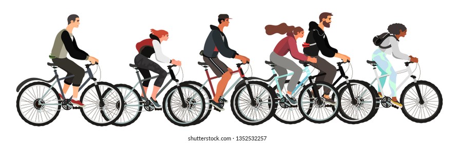 Vector illustration of men and woman riding bicycles isolated on a white background. A set of young, healthy and athletic people on their bikes keeping a healthy lifestyle.