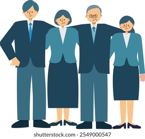 A vector illustration of men and women of all ages in suits standing together with their arms around each other's shoulders.