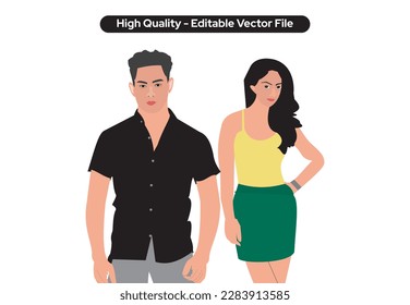 Vector illustration of men and women in casual clothes on a white background. Editable Cartoon realistic people illustration. Flat young couple. Cute Couple illustration editable vector file.