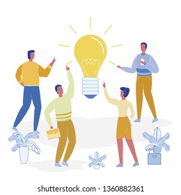 Vector Illustration Men and Women Create Ideas. In foreground Incandescent Lamp, around her People. Teamwork on Startup on White Background. Joint Mind in Workspace Comes up with Ideas.