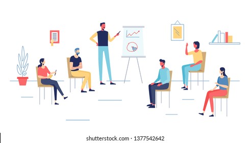 Vector illustration of men and women dressed in smart clothes take part in business meeting, formal discussion, conference. Male and female cartoon characters listen to important information in class