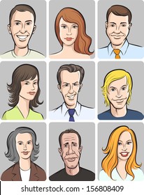 Vector illustration of men and women faces vector collection. Easy-edit layered vector EPS10 file scalable to any size without quality loss. High resolution raster JPG file is included.