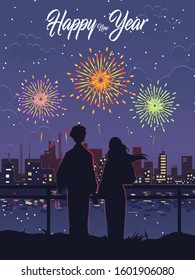 vector illustration, men and women holding hands while watching fireworks on new year's eve