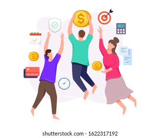Vector illustration Men and women hovering trying to reach for coins. Concept of financial freedom or investing flat vector illustration