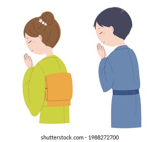 Vector illustration of men and women in kimono praying hand in hand