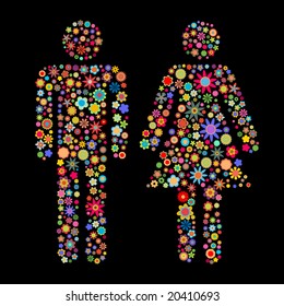 Vector illustration of men and women shape made up a lot of  multicolored small flowers on the black background