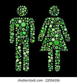 Vektorgrafik von Männern und Frauen Form, die viele grüne kleine Blumen und Blatt auf schwarzem Hintergrund