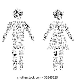 Vector illustration of men and women shape made up a lot of notes on the white background